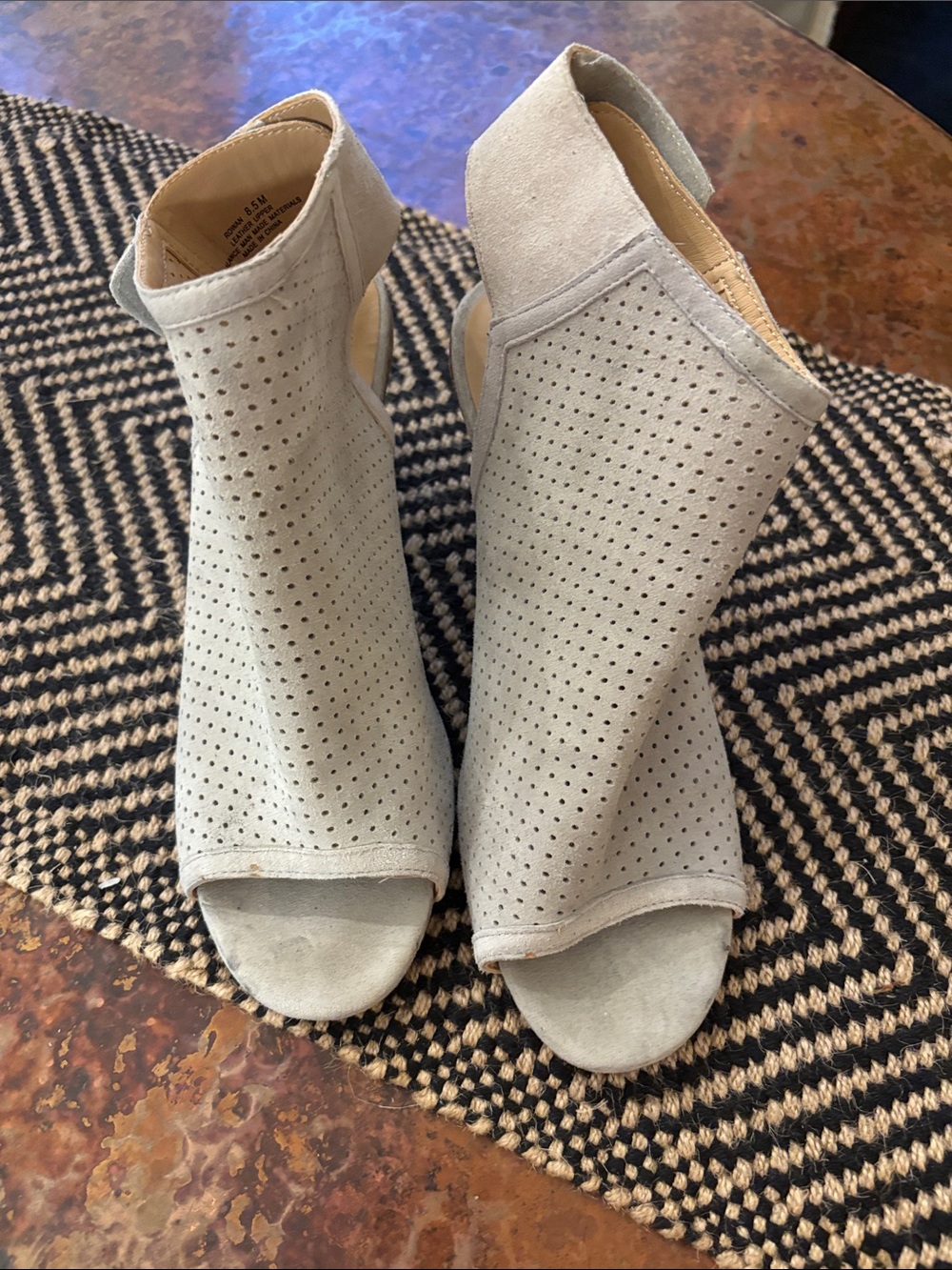 Adam Tucker Perforated Suede Peep-Toe Ankle Booties - Light Gray